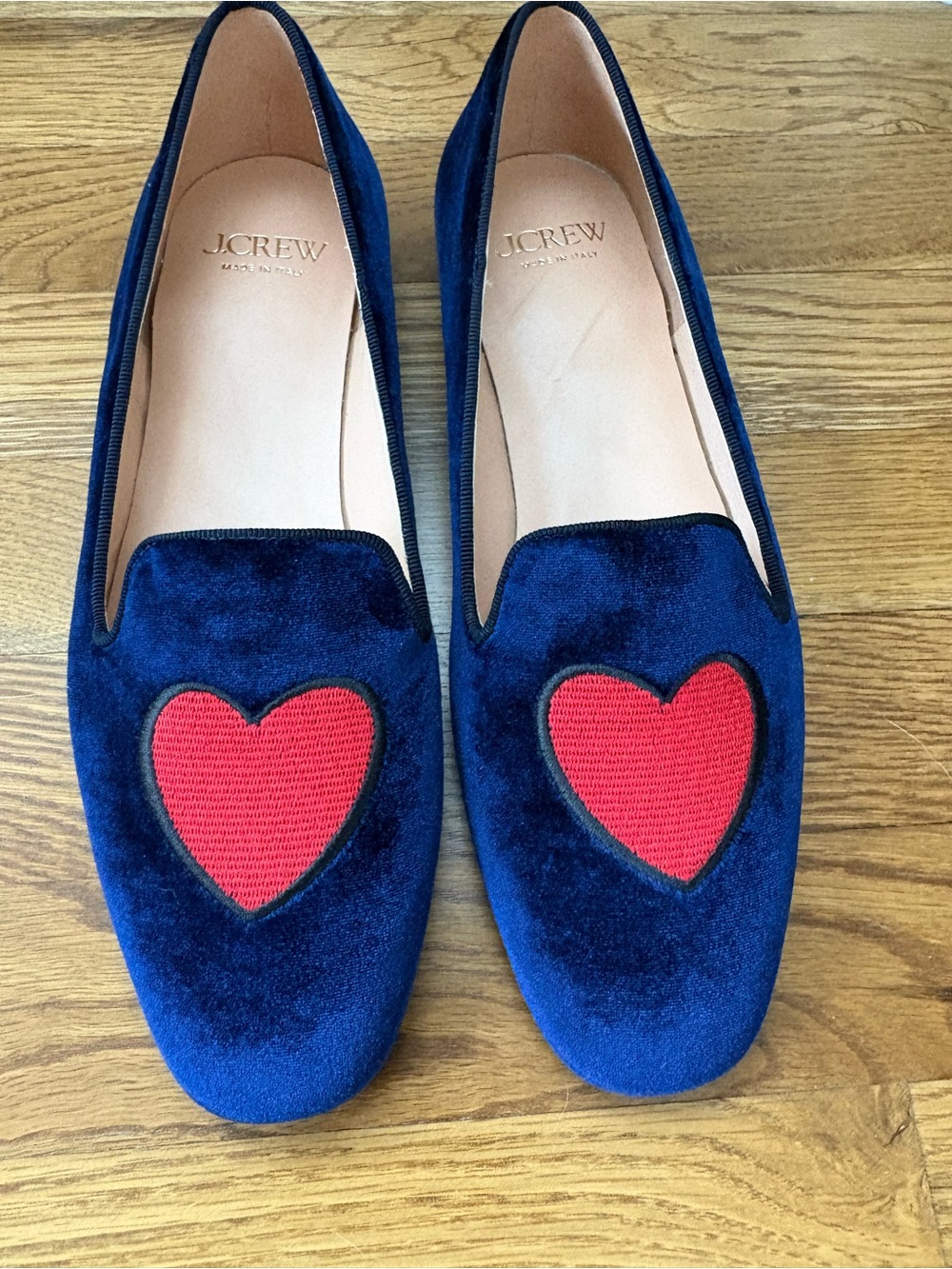 J.Crew Made in Italy Navy Velvet Heart Smoking Slippers Loafers Size 8